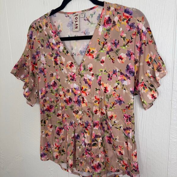 Dolan Anthropologie Tan Floral Mitzi Pleated Ruffle Short Sleeve Blouse Top XS - Picture 9 of 10